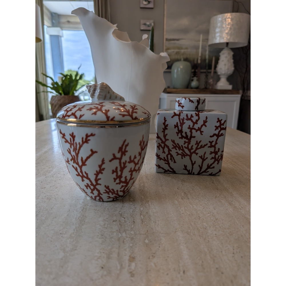 Wong Lee Set/2 Porcelain Coral Lidded Jars STUNNING!